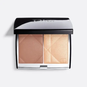 Dior Backstage Glow Face Palette in Diorissimo, featuring two tones—a soft taupe bronzer and a golden highlighter—in a clear compact.
