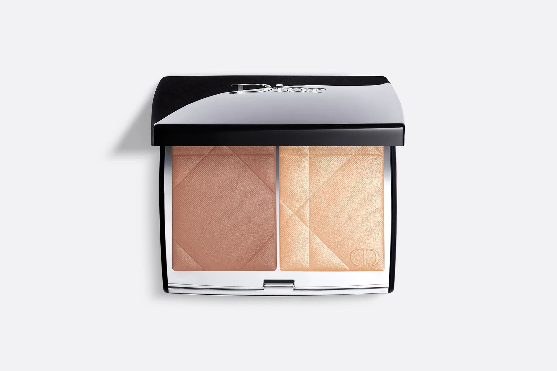 Dior Backstage Glow Face Palette in Diorissimo, featuring two tones—a soft taupe bronzer and a golden highlighter—in a clear compact.