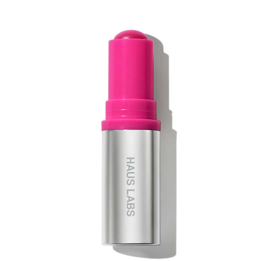 Haus Labs Glassy Pitaya blush, a vibrant berry-pink with a satin finish.